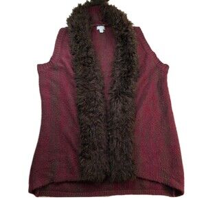 Knit Vest with Faux Fur Accent Size L Women's Red Brown Old Money Classic Preppy